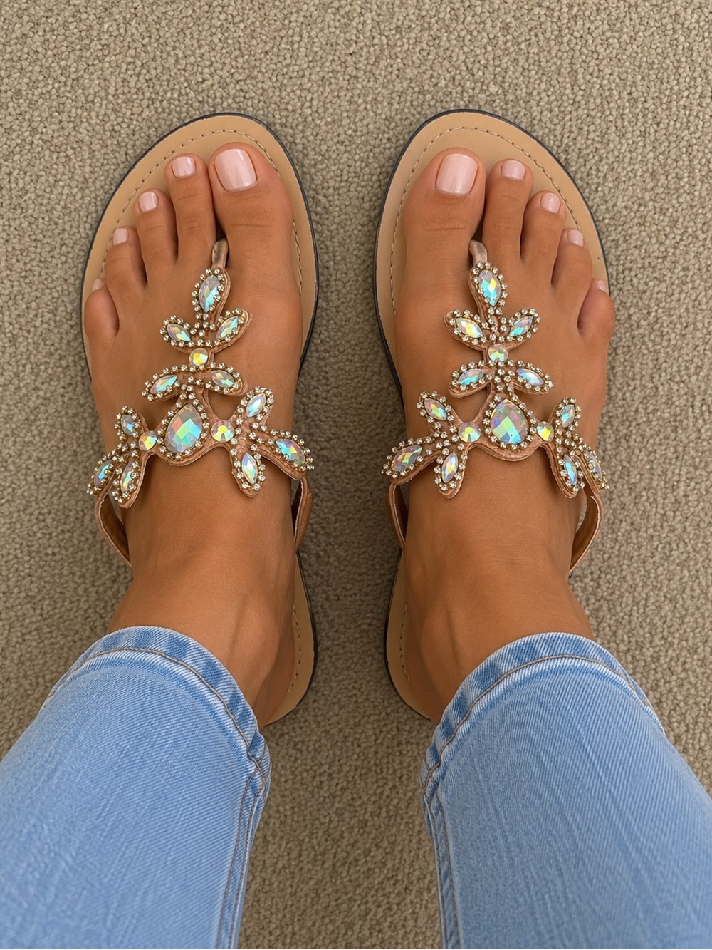 Madeline Tan Sandals with Iridescent Crystal Accents